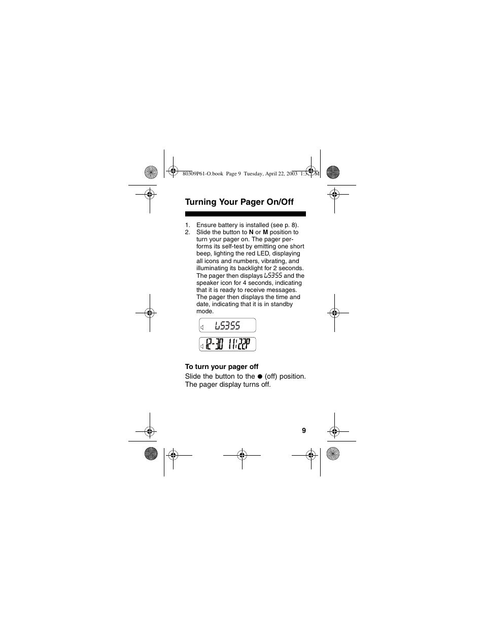 Ls355, Turning your pager on/off | Motorola LS355 User Manual | Page 9 / 24