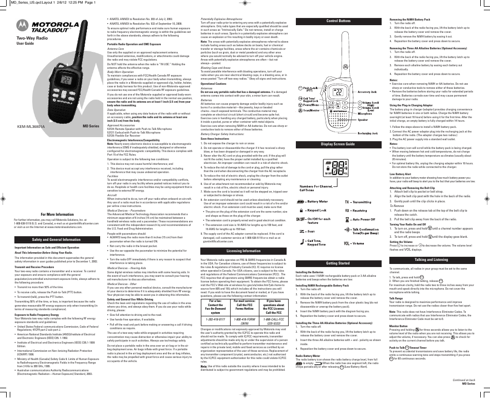 Motorola Two Way Radio KEM-ML36801A User Manual | 2 pages