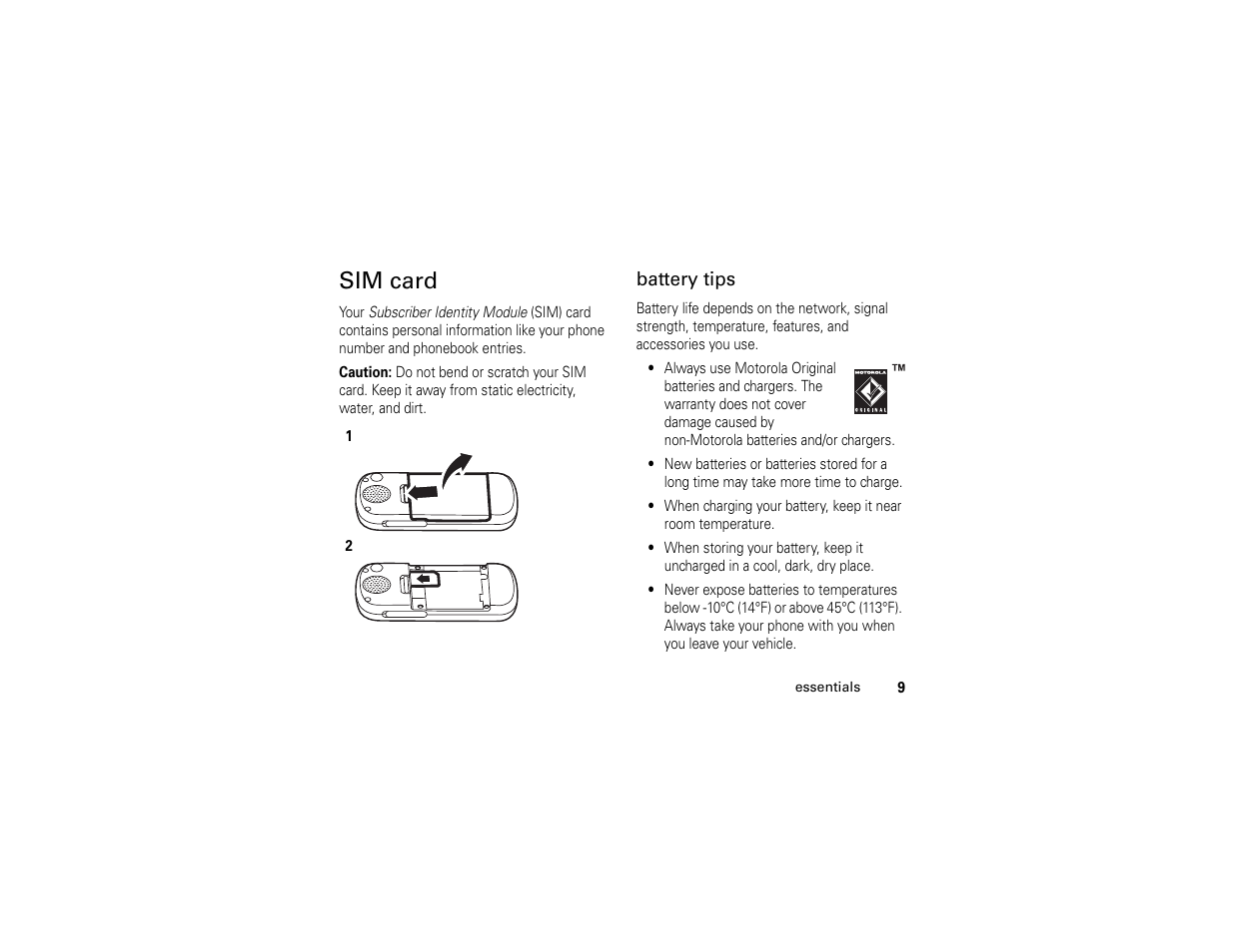 Sim card, Battery tips | Motorola C261 TracFone User Manual | Page 11 / 78