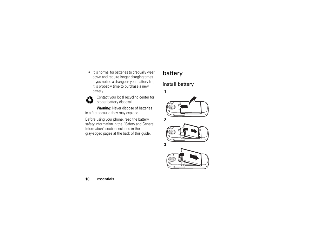 Battery | Motorola C261 TracFone User Manual | Page 12 / 78