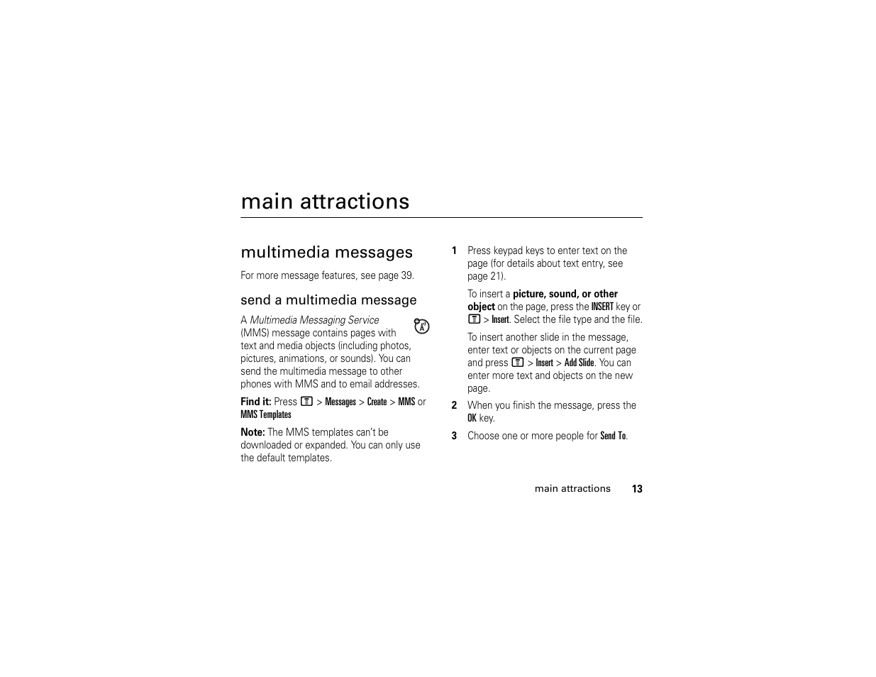 Main attractions, Multimedia messages | Motorola C261 TracFone User Manual | Page 15 / 78