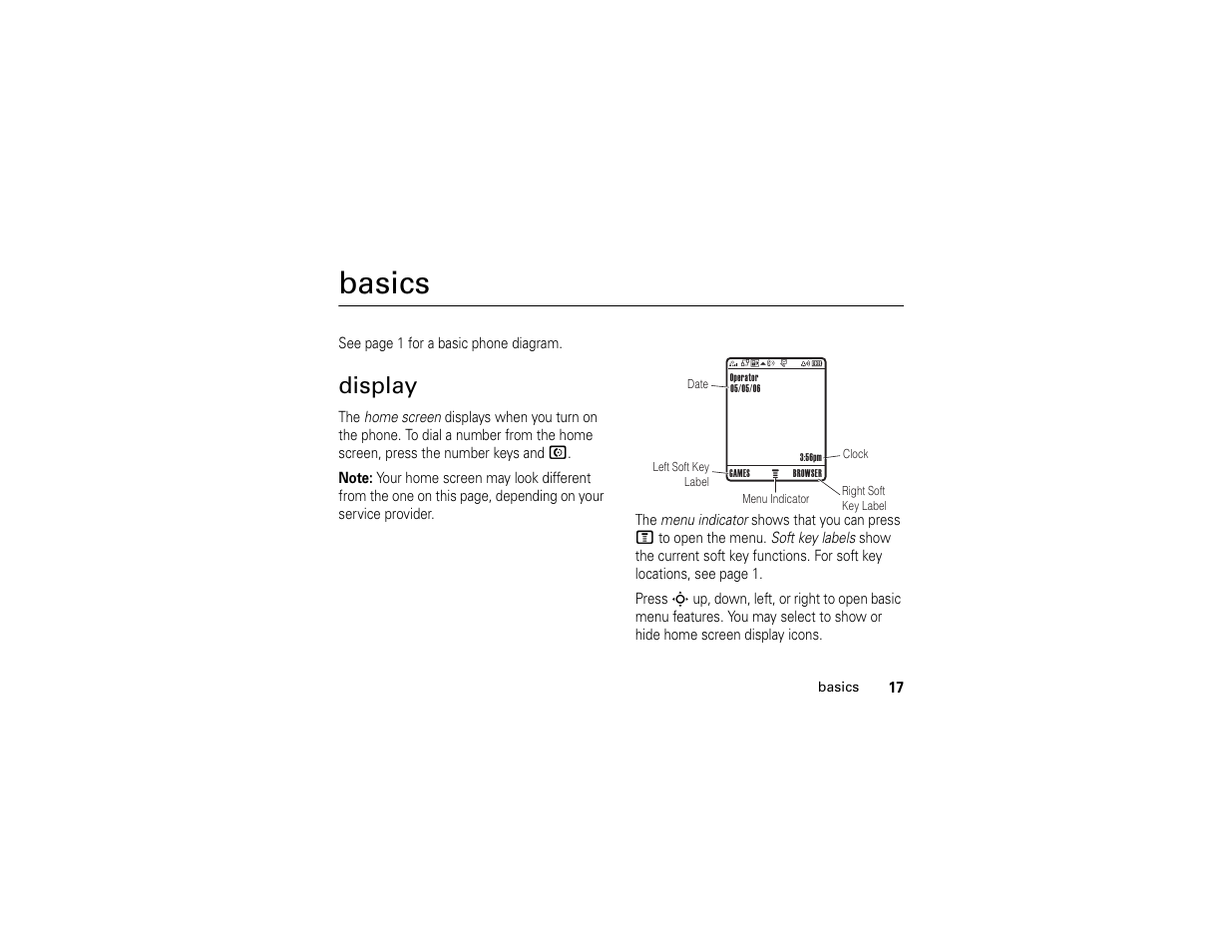 Basics, Display | Motorola C261 TracFone User Manual | Page 19 / 78