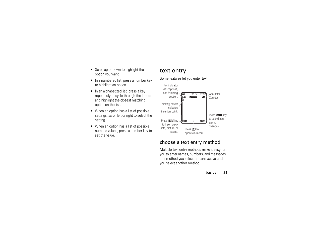 Text entry, Choose a text entry method | Motorola C261 TracFone User Manual | Page 23 / 78