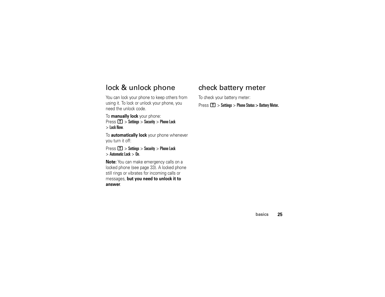 Lock & unlock phone, Check battery meter, Lock & unlock phone check battery meter | Motorola C261 TracFone User Manual | Page 27 / 78