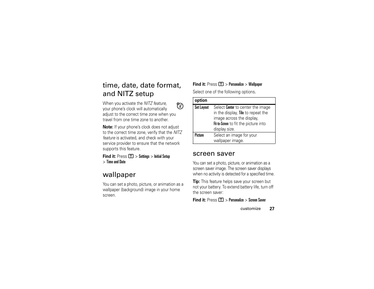 Time, date, date format, and nitz setup, Wallpaper, Screen saver | Motorola C261 TracFone User Manual | Page 29 / 78