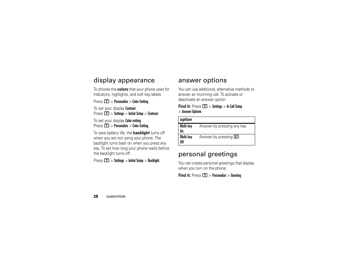 Display appearance, Answer options, Personal greetings | Motorola C261 TracFone User Manual | Page 30 / 78