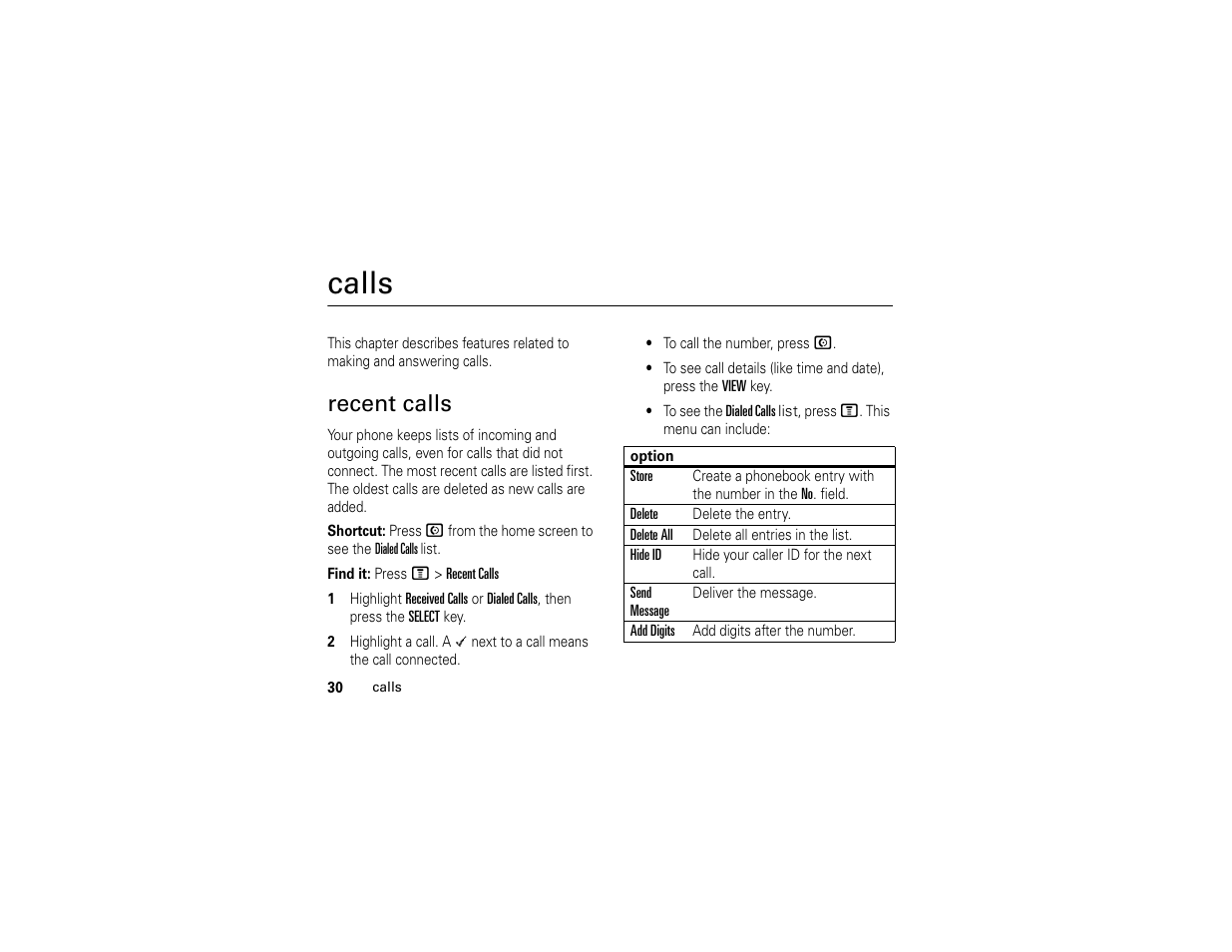 Calls, Recent calls | Motorola C261 TracFone User Manual | Page 32 / 78