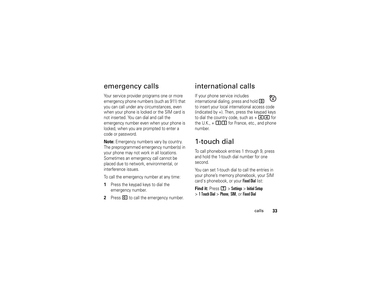Emergency calls, International calls, Touch dial | Emergency calls international calls 1-touch dial | Motorola C261 TracFone User Manual | Page 35 / 78