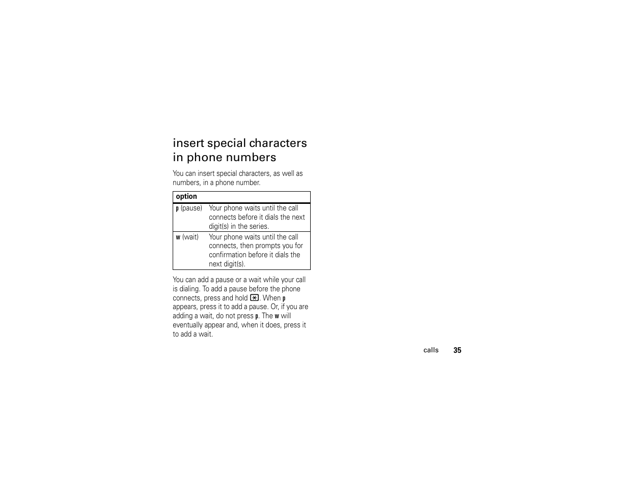 Insert special characters in phone numbers | Motorola C261 TracFone User Manual | Page 37 / 78