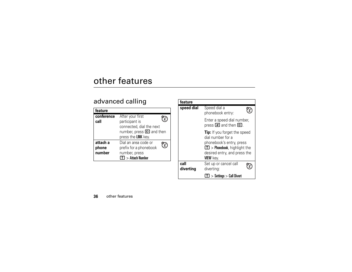 Other features, Advanced calling | Motorola C261 TracFone User Manual | Page 38 / 78