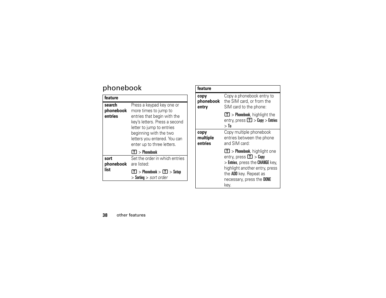 Phonebook | Motorola C261 TracFone User Manual | Page 40 / 78