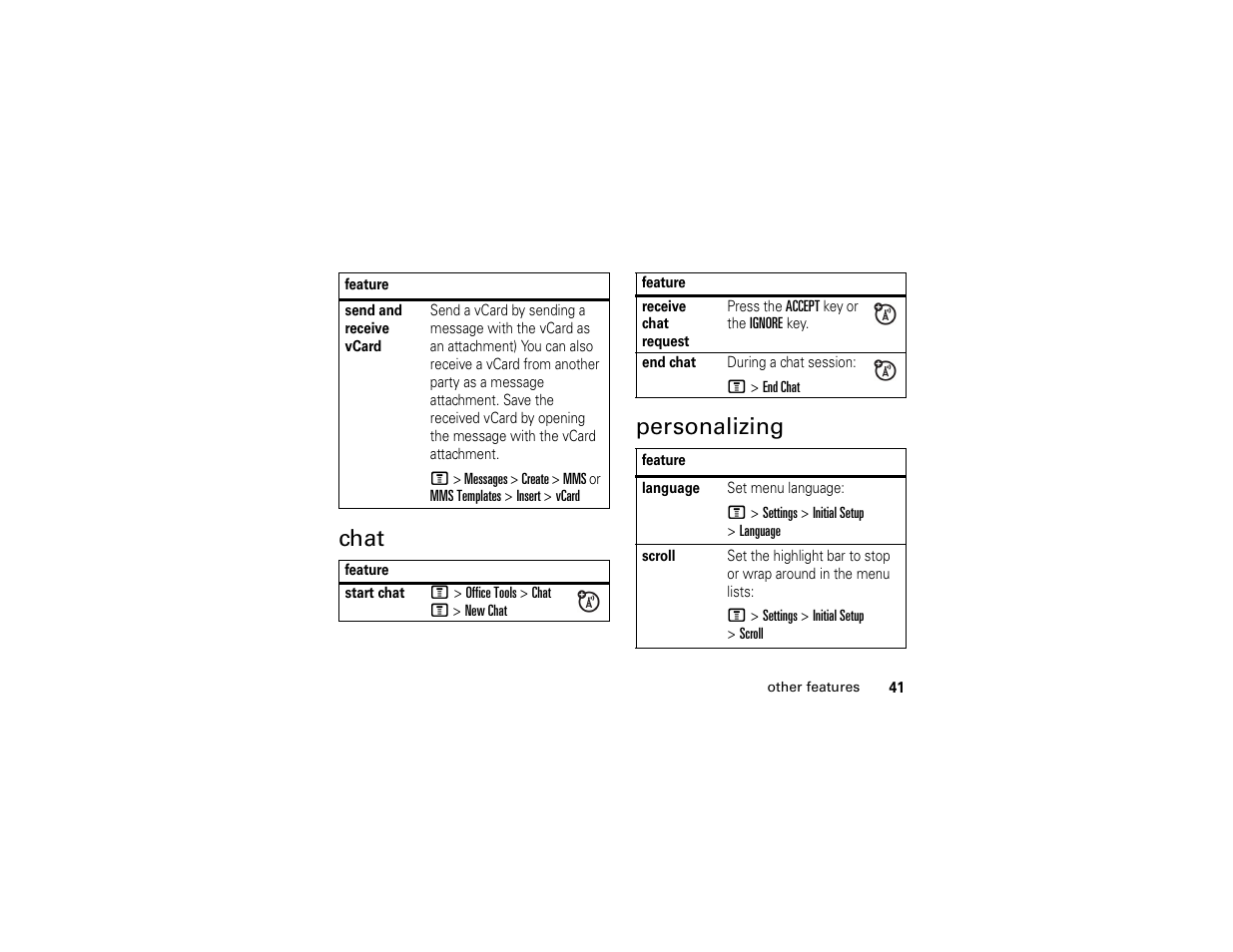 Chat, Personalizing, Chat personalizing | Motorola C261 TracFone User Manual | Page 43 / 78