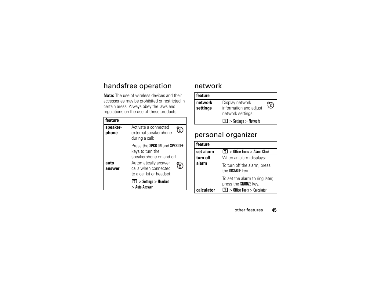 Handsfree operation, Network, Personal organizer | Handsfree operation network personal organizer, Network personal organizer | Motorola C261 TracFone User Manual | Page 47 / 78