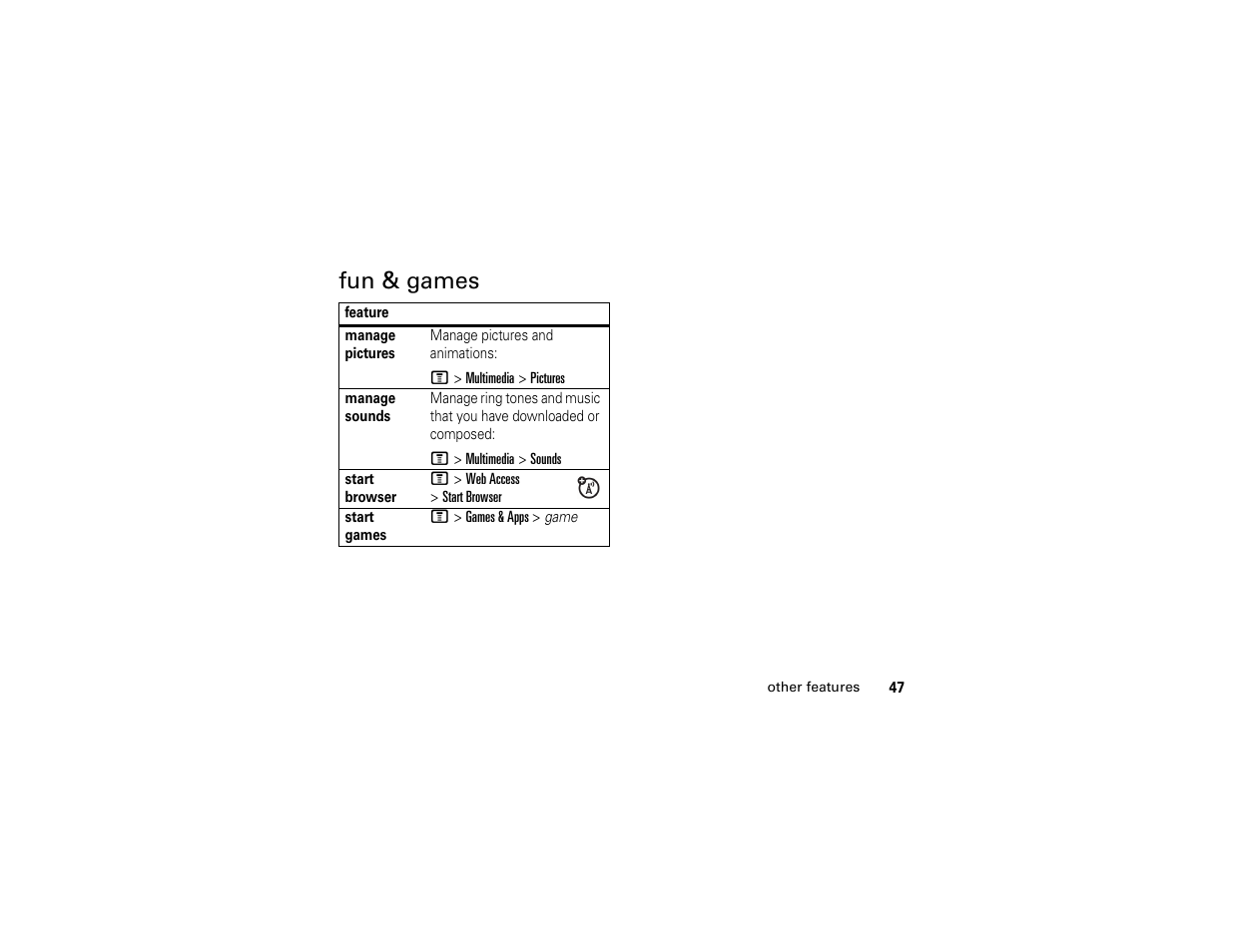 Fun & games | Motorola C261 TracFone User Manual | Page 49 / 78