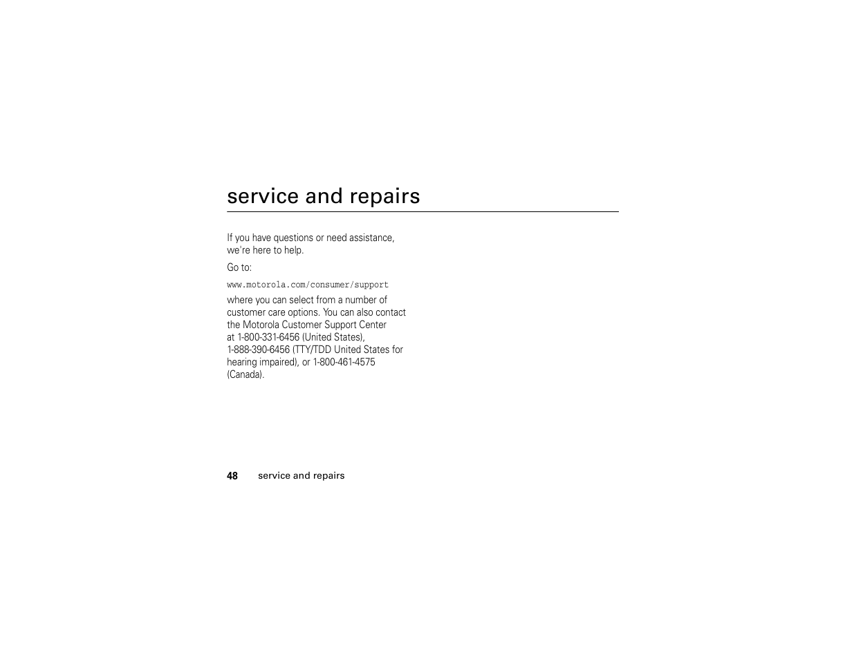 Service and repairs | Motorola C261 TracFone User Manual | Page 50 / 78