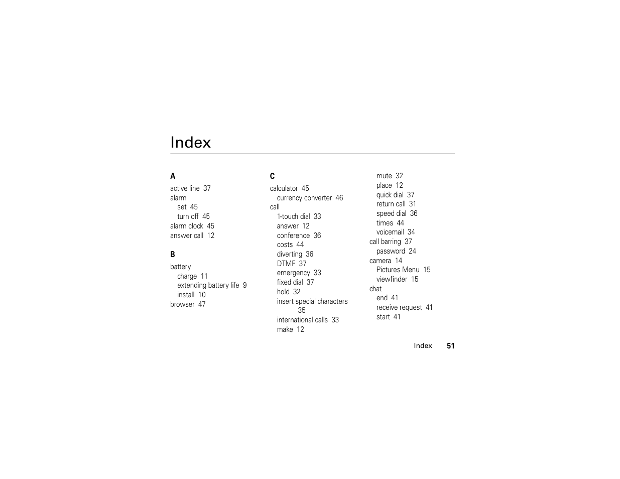 Index | Motorola C261 TracFone User Manual | Page 53 / 78