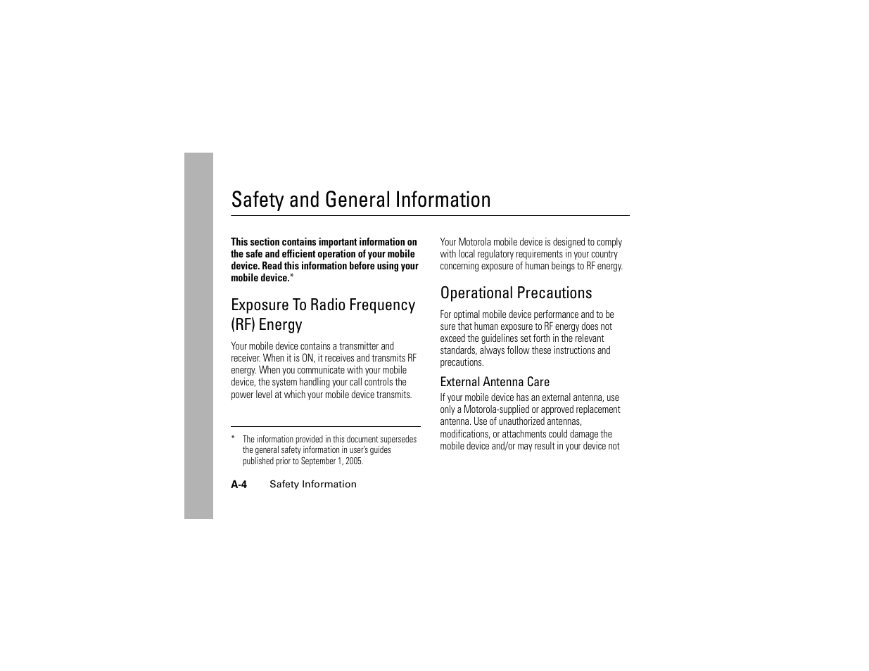 Safety information, Exposure to radio frequency (rf) energy, Operational precautions | Exposure to rad, Safety and general information | Motorola C261 TracFone User Manual | Page 60 / 78