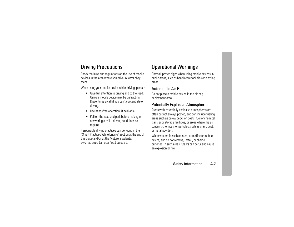 Driving precautions, Operational warnings, Driving precautions operational warnings | Motorola C261 TracFone User Manual | Page 63 / 78