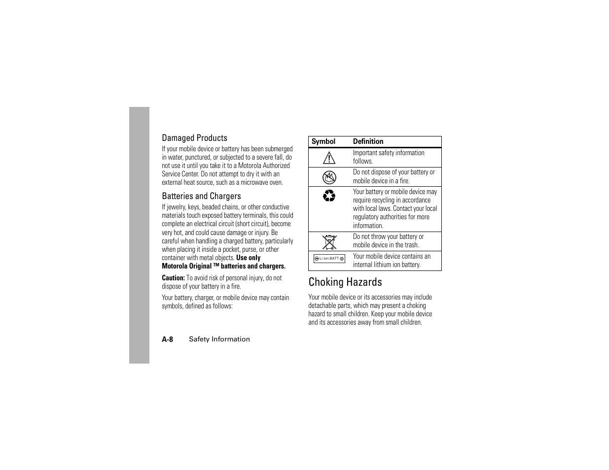 Choking hazards, Damaged products, Batteries and chargers | Motorola C261 TracFone User Manual | Page 64 / 78