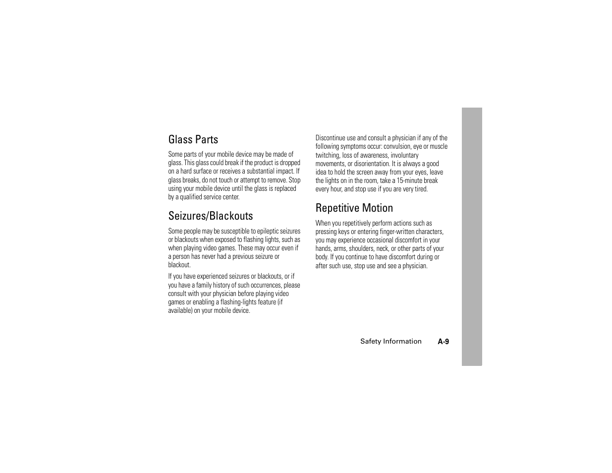 Glass parts, Seizures/blackouts, Repetitive motion | Glass parts seizures/blackouts repetitive motion | Motorola C261 TracFone User Manual | Page 65 / 78