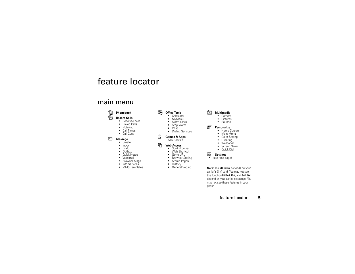 Feature locator, Main menu | Motorola C261 TracFone User Manual | Page 7 / 78
