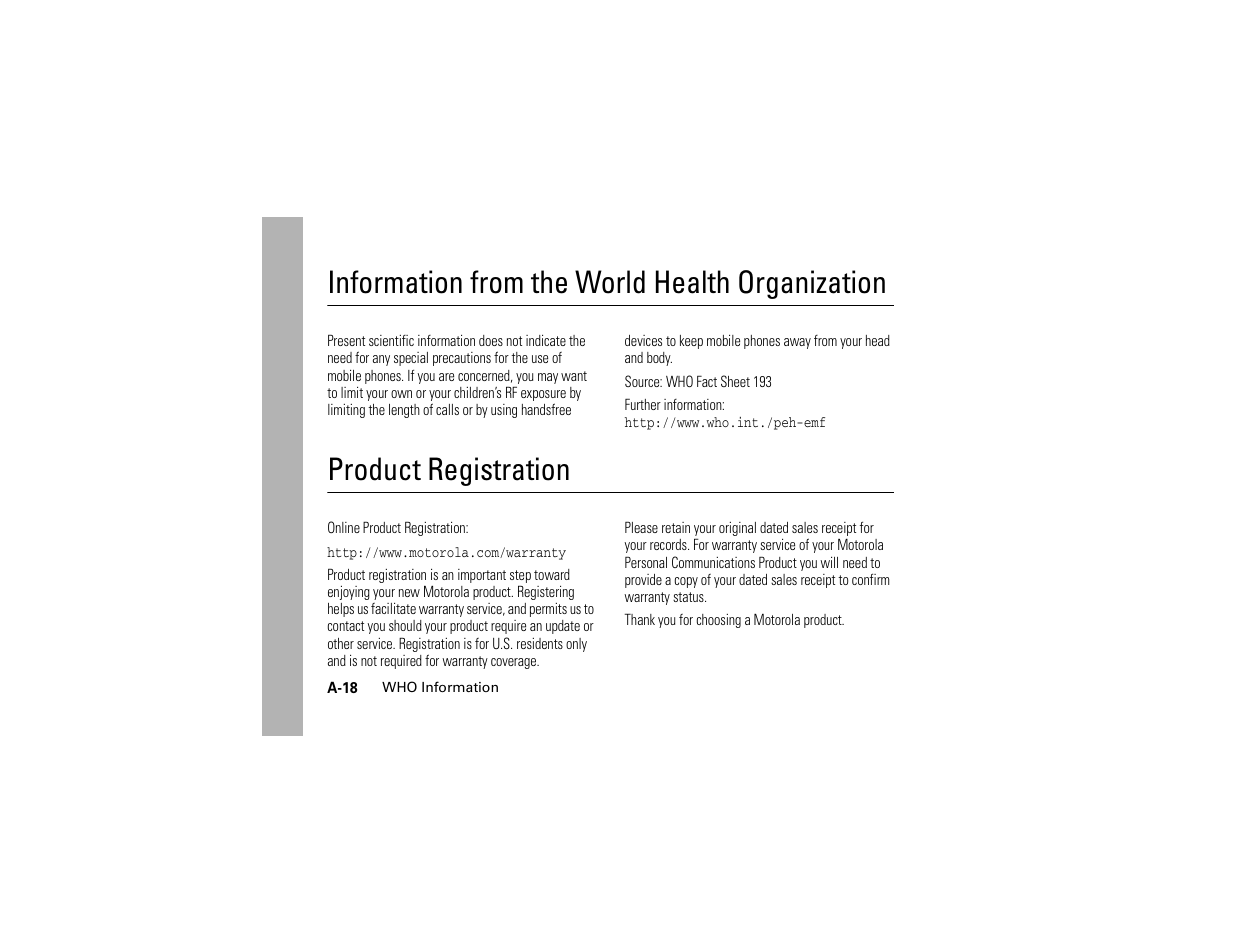 Who information, Product registration, Information from the world health organization | Motorola C261 TracFone User Manual | Page 74 / 78