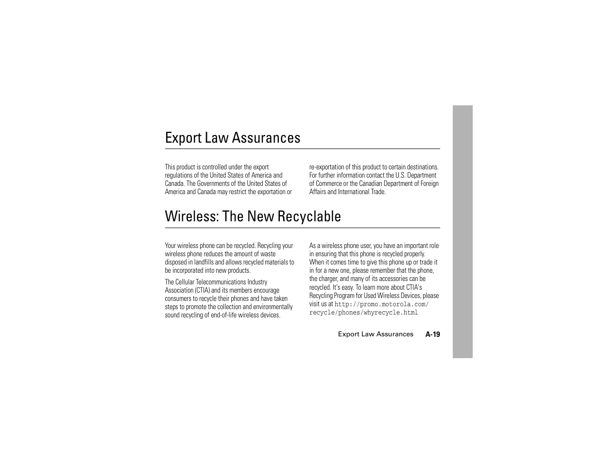 Export law assurances, Wireless: the new recyclable | Motorola C261 TracFone User Manual | Page 75 / 78