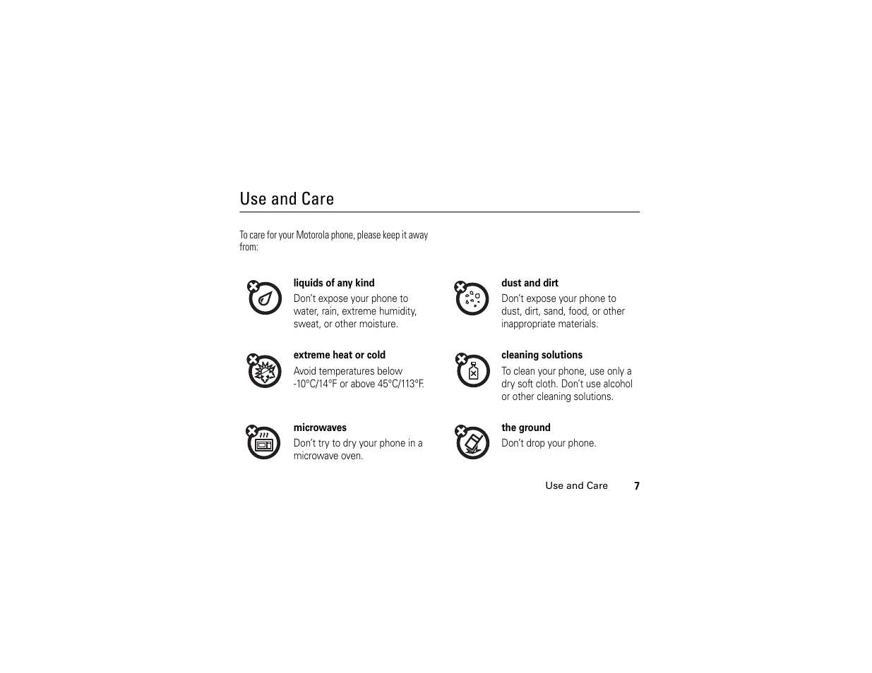 Use and care | Motorola C261 TracFone User Manual | Page 9 / 78