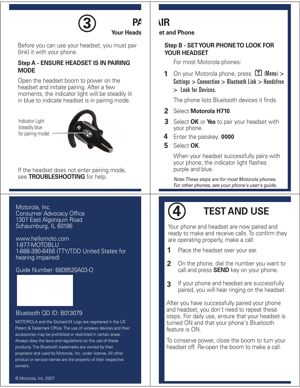 Test and use | Motorola H710 User Manual | Page 2 / 6
