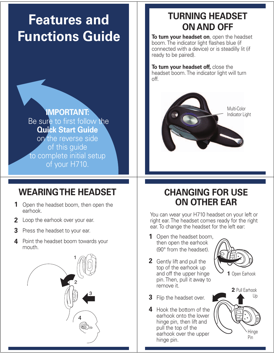 Features and functions guide, Turning headset on and off, Wearing the headset | Changing for use on other ear | Motorola H710 User Manual | Page 4 / 6