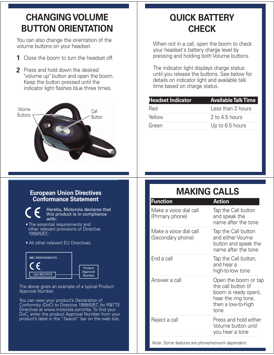 Changing volume button orientation, Quick battery check, Making calls | Motorola H710 User Manual | Page 5 / 6