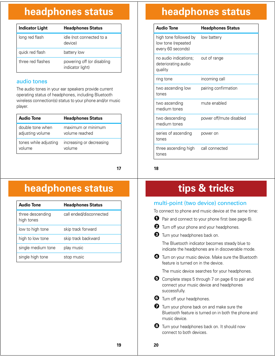 Headphones status, Tips & tricks | Motorola MOTOROKR S9-HD User Manual | Page 5 / 15