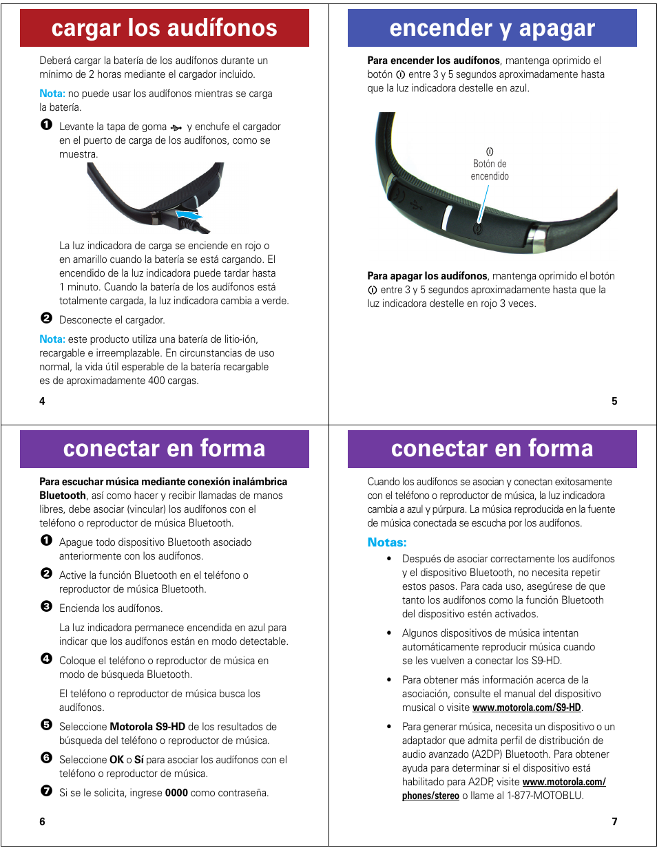 Cargar los audífonos, Encender y apagar, Conectar en forma | Motorola MOTOROKR S9-HD User Manual | Page 9 / 15