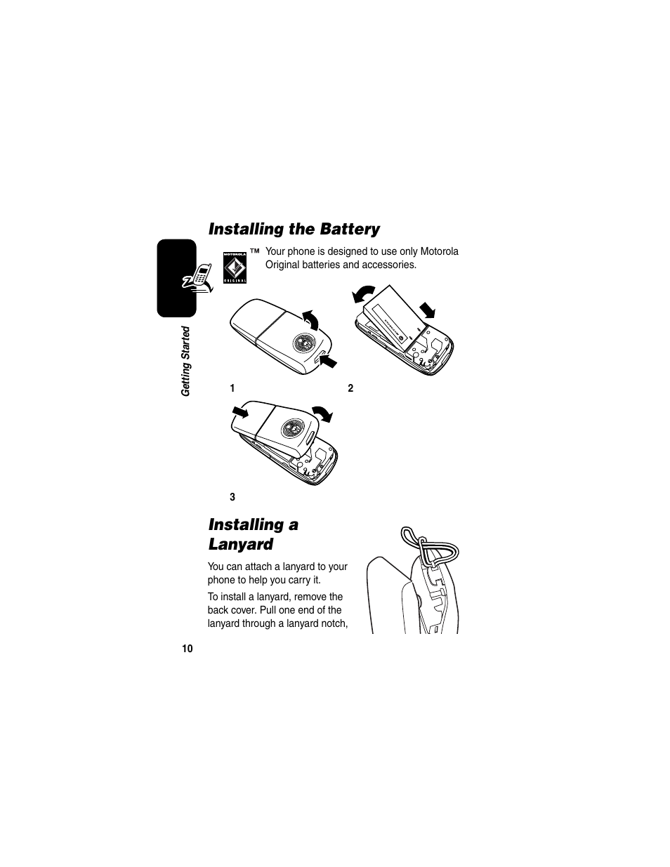 Installing the battery, Installing a lanyard, Installing the battery installing a lanyard | Motorola C650 User Manual | Page 12 / 124