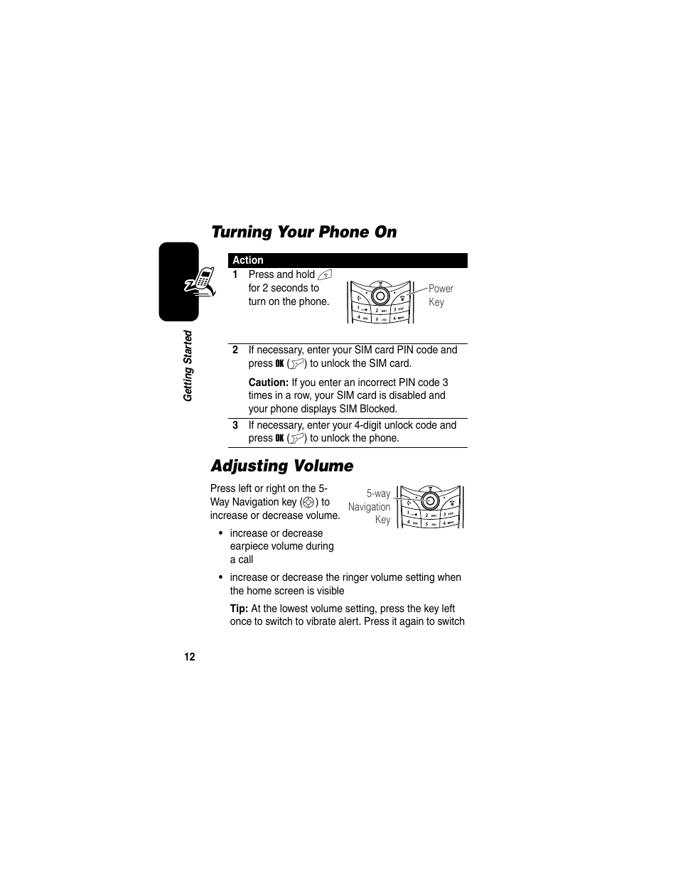Turning your phone on, Adjusting volume, Turning your phone on adjusting volume | Motorola C650 User Manual | Page 14 / 124