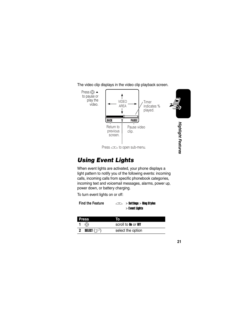 Using event lights | Motorola C650 User Manual | Page 23 / 124