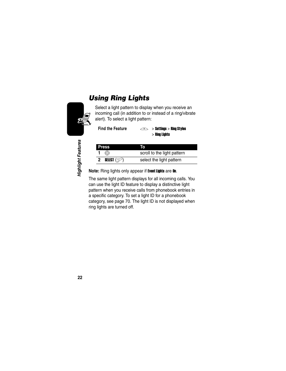 Using ring lights | Motorola C650 User Manual | Page 24 / 124