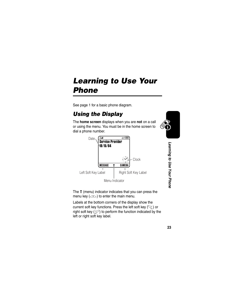Learning to use your phone, Using the display | Motorola C650 User Manual | Page 25 / 124