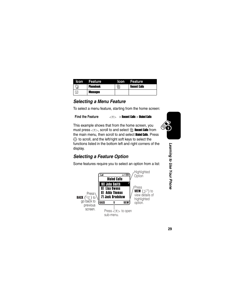 Selecting a menu feature, Selecting a feature option | Motorola C650 User Manual | Page 31 / 124