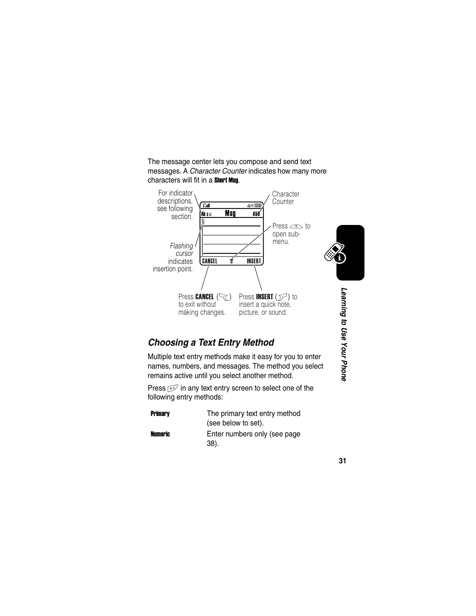 Choosing a text entry method | Motorola C650 User Manual | Page 33 / 124
