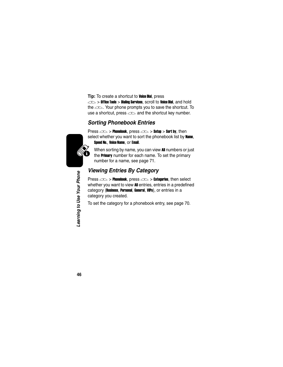 Sorting phonebook entries, Viewing entries by category | Motorola C650 User Manual | Page 48 / 124