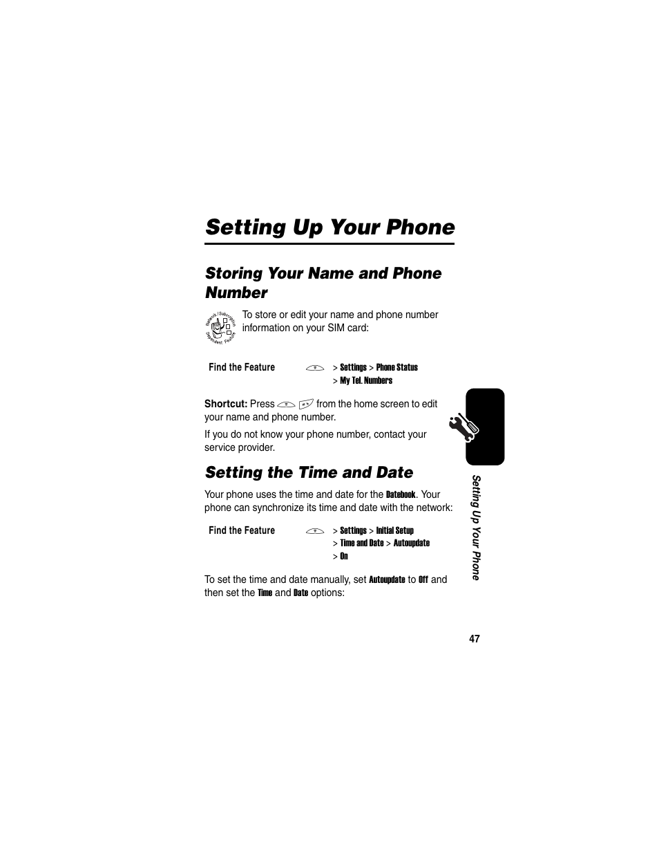 Setting up your phone, Storing your name and phone number, Setting the time and date | Motorola C650 User Manual | Page 49 / 124