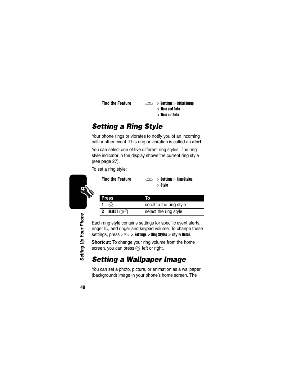 Setting a ring style, Setting a wallpaper image, Setting a ring style setting a wallpaper image | Motorola C650 User Manual | Page 50 / 124