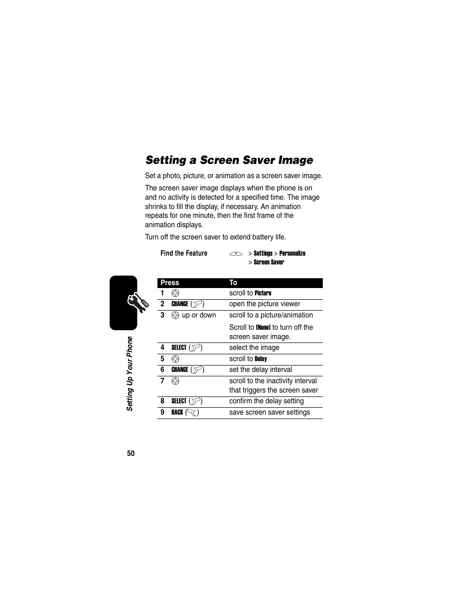 Setting a screen saver image | Motorola C650 User Manual | Page 52 / 124