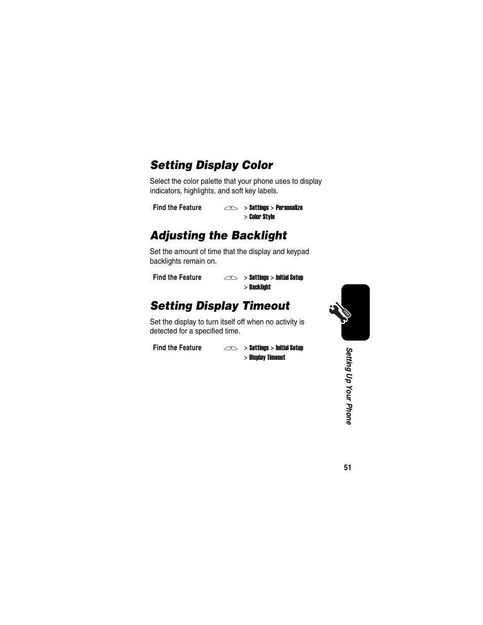 Setting display color, Adjusting the backlight, Setting display timeout | Motorola C650 User Manual | Page 53 / 124