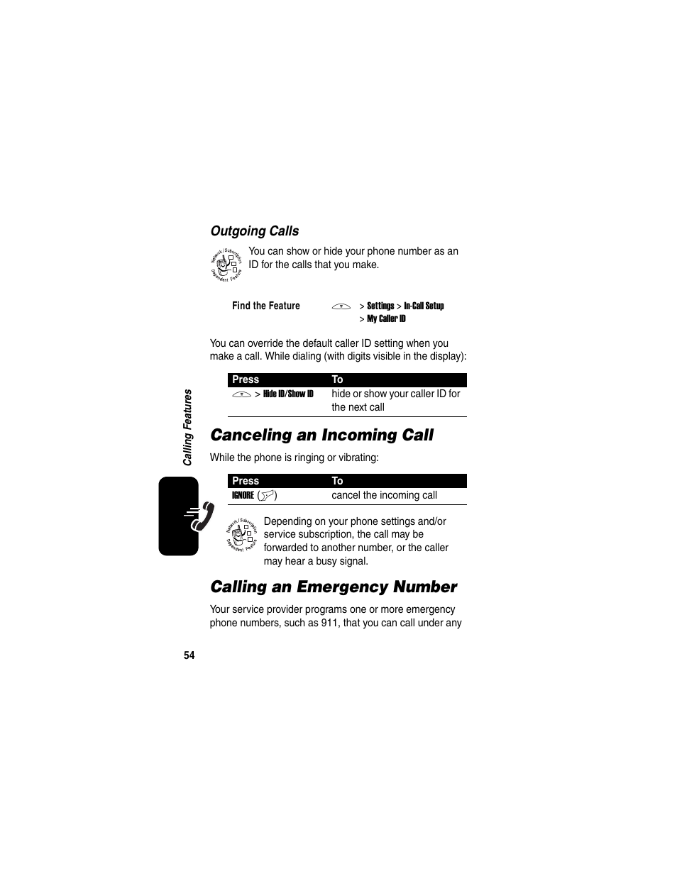 Canceling an incoming call, Calling an emergency number, Outgoing calls | Motorola C650 User Manual | Page 56 / 124