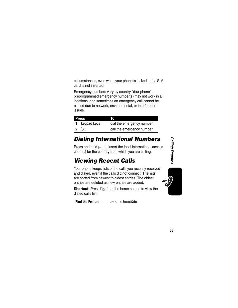 Dialing international numbers, Viewing recent calls, Dialing international numbers viewing recent calls | Motorola C650 User Manual | Page 57 / 124