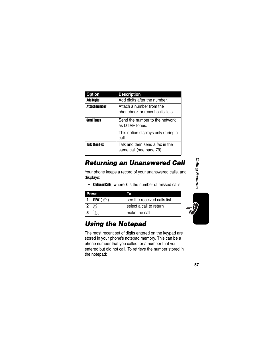 Returning an unanswered call, Using the notepad, Returning an unanswered call using the notepad | Motorola C650 User Manual | Page 59 / 124