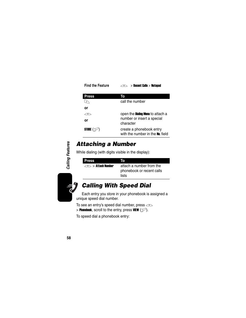 Attaching a number, Calling with speed dial, Attaching a number calling with speed dial | Motorola C650 User Manual | Page 60 / 124