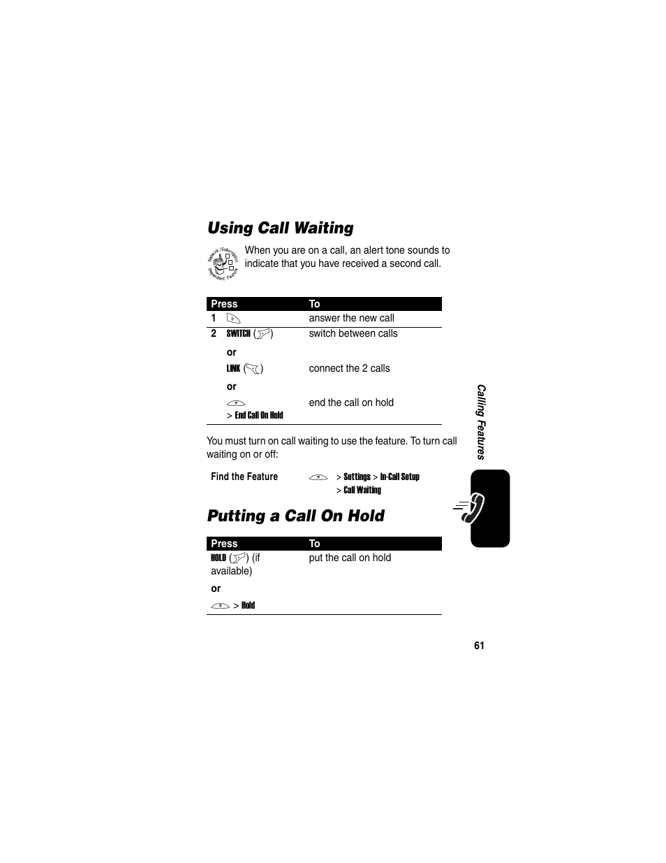 Using call waiting, Putting a call on hold, Using call waiting putting a call on hold | Motorola C650 User Manual | Page 63 / 124